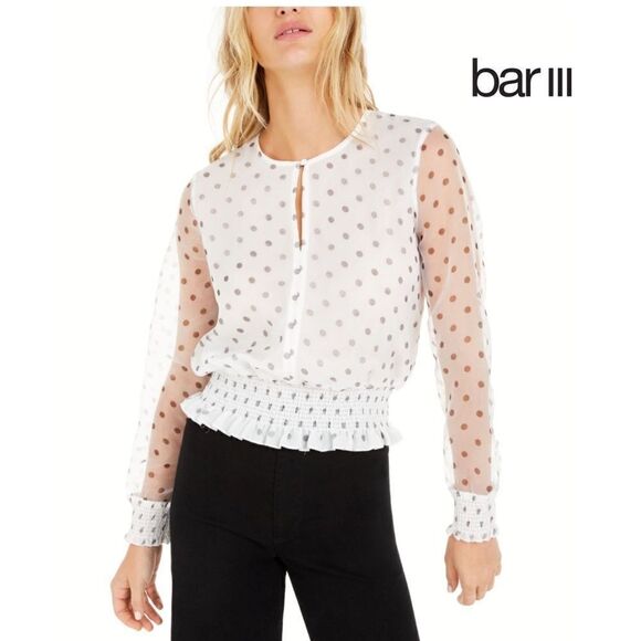 BAR III Women’s White Sheer Polka Dot Long Sleeve V Neck Top - Picture 1 of 9